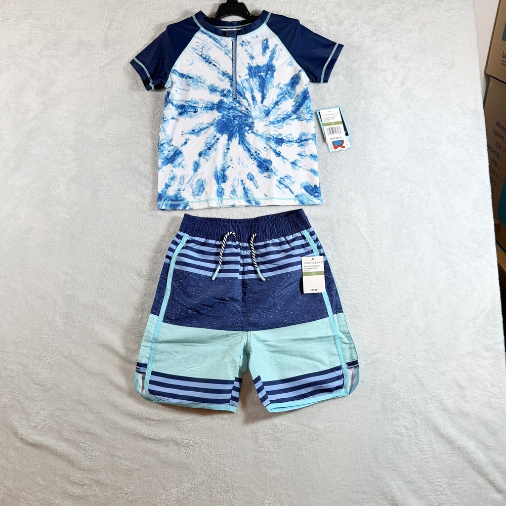 Andy & Evan Boys Blue Tie Dye Raglan Rashguard & Swim Trunks‎ Set 7Y NWT